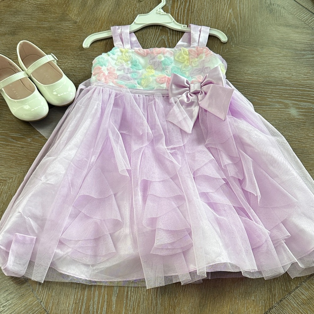 Jona Michelle Lilac Satin Flower Dress with Bow Accent and size 8 Kelly & Katie